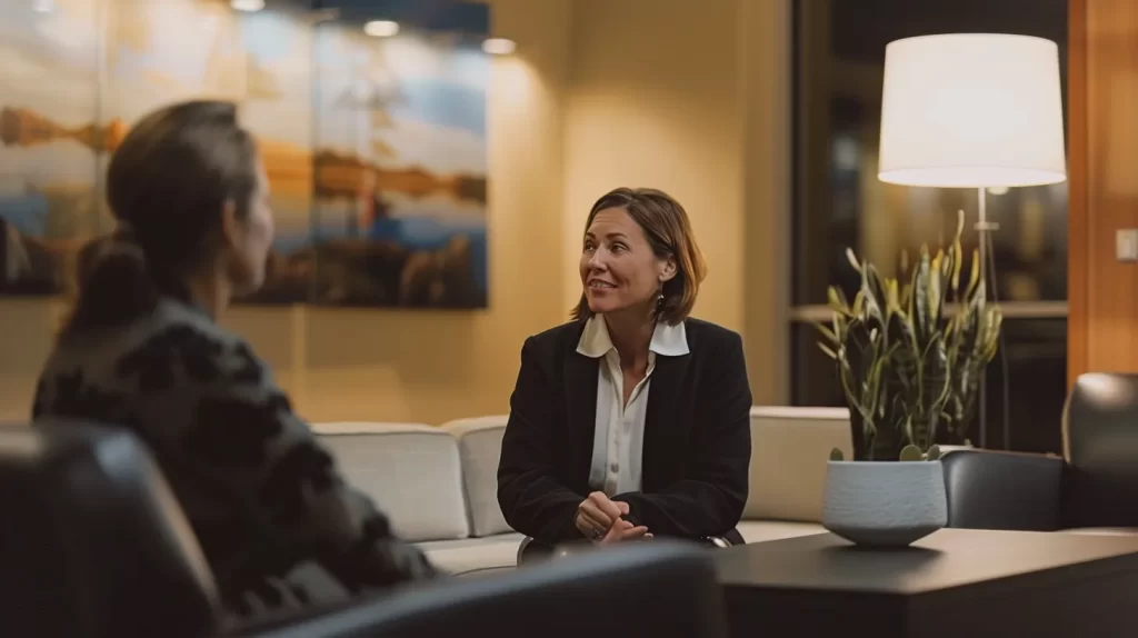 a sleek, modern office environment showcases a water restoration company's representative engaged in a purposeful conversation with a client, illuminated by warm, inviting lighting that highlights their focused expressions and the exchange of essential information, emphasizing enhanced communication and transparency during a critical moment.