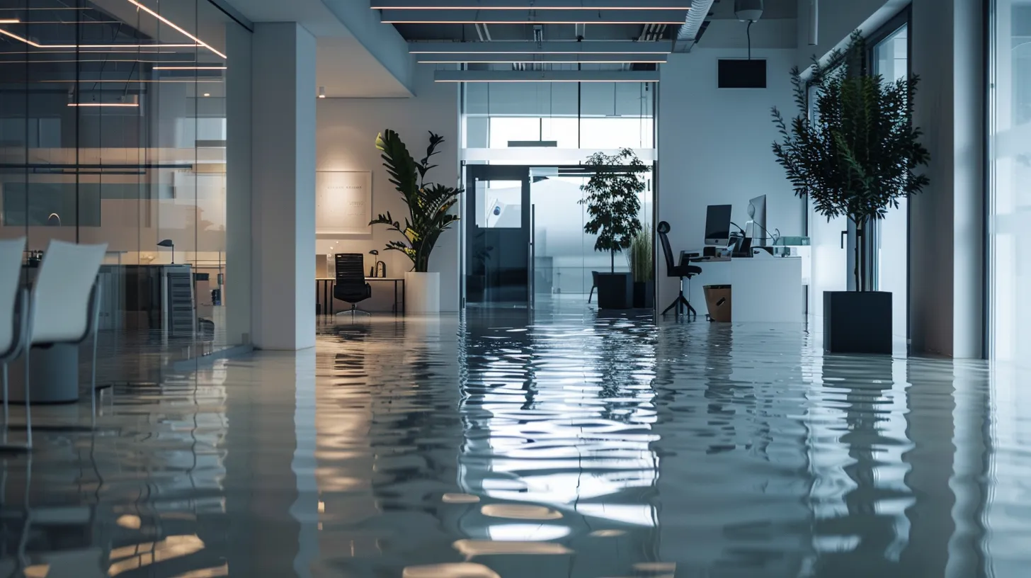 a sleek, modern office interior displays a team of water damage cleanup specialists in action, equipped with high-tech tools, meticulously inspecting and assessing a flooded commercial space, showcasing their commitment to rapid and effective remediation.