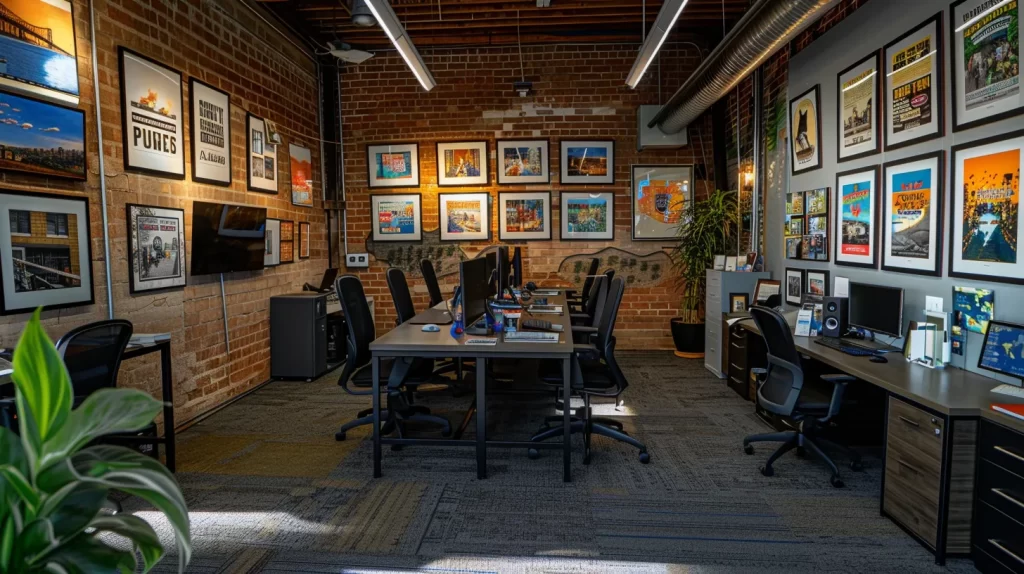 a vibrant urban office space showcases a team of professionals engaging in a collaborative meeting, surrounded by framed local business success stories and community-focused graphics, highlighting the significance of supporting local restoration services in the wake of water damage emergencies.