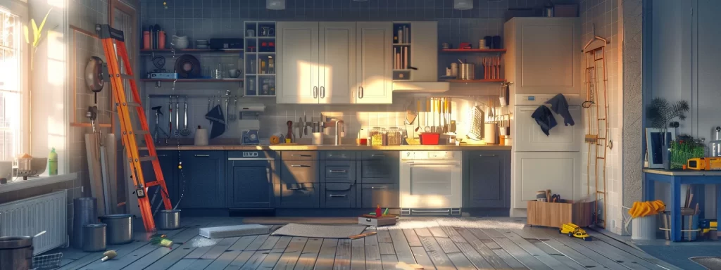 a well-lit, modern kitchen showcases the meticulous restoration process after water damage, featuring freshly painted cabinets, gleaming new appliances, and organized tools laid out for renovation.