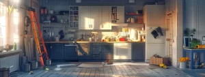 a well-lit, modern kitchen showcases the meticulous restoration process after water damage, featuring freshly painted cabinets, gleaming new appliances, and organized tools laid out for renovation.