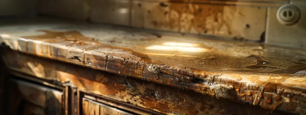 a close-up view of a kitchen cabinet corner, showcasing evident moisture damage with warped wood, discoloration, and signs of swelling, illuminated by soft overhead lighting to highlight the urgency of early water damage detection.
