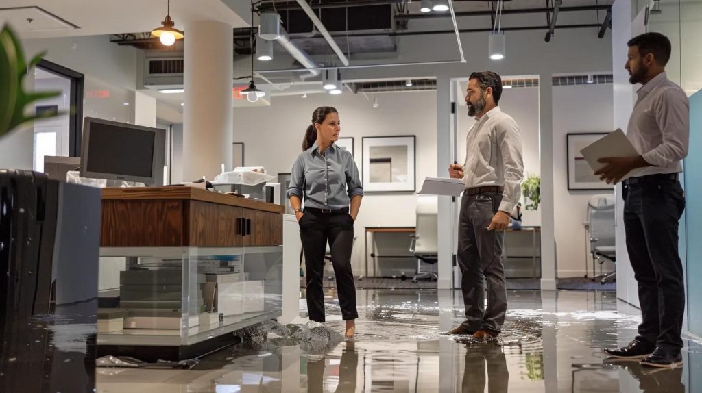 a dynamic office setting features a skilled restoration specialist confidently instructing a team as they tackle water damage in a commercial space, highlighting urgency and professionalism under bright artificial lighting.