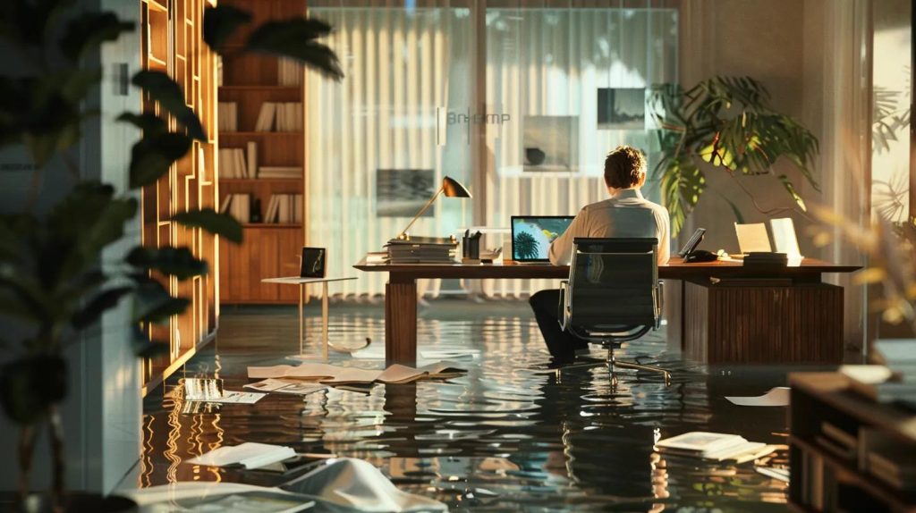 a focused indoor scene depicts a modern office space with a professional sitting thoughtfully at a desk surrounded by water-damaged documents, a laptop displaying insurance policy details, and a phone ready for urgent communication with an insurance agent.