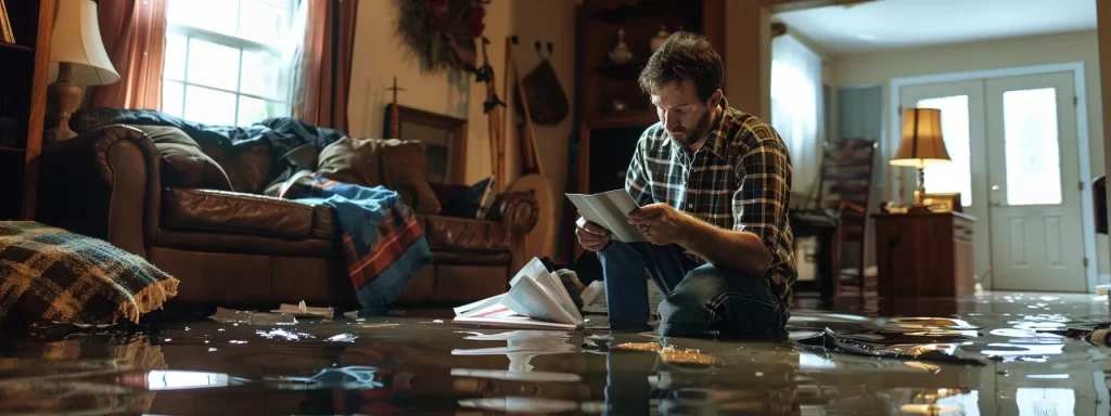 a focused insurance adjuster meticulously inspects a water-damaged home interior, reviewing documentation on a sleek tablet while surrounded by visible signs of damage and recovery gear, conveying professionalism and urgency in the assessment process.