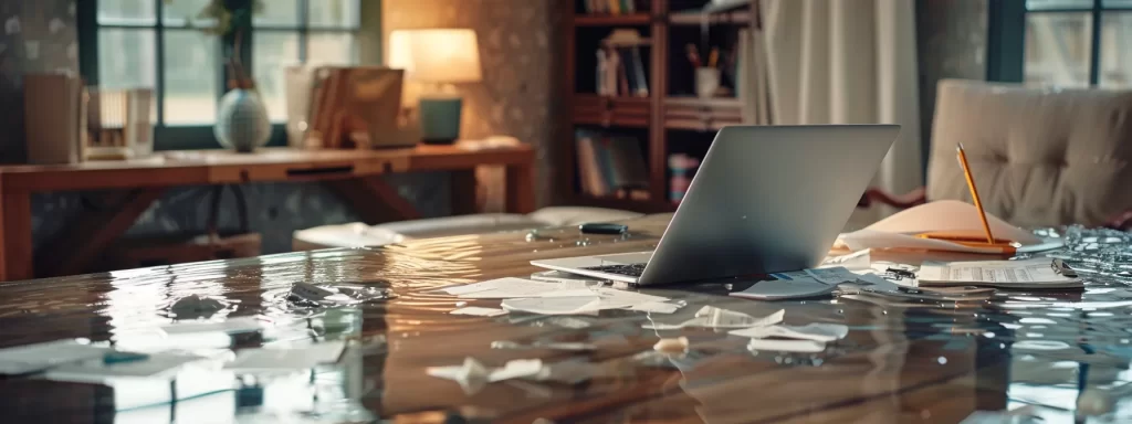 a focused office scene captures a determined homeowner reviewing a detailed damage report and repair estimate on a sleek laptop, surrounded by notes and a highlighter, emphasizing the meticulous process of evaluating insurance claims for water damage.