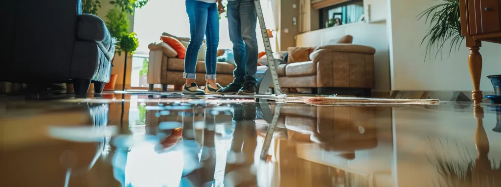 a focused property inspector, equipped with a measuring device and camera, meticulously evaluates water damage in a well-lit, modern interior, while an attentive homeowner engages in the assessment process.