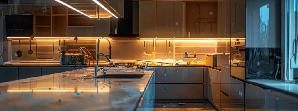 a focused view of a modern kitchen with water-damaged cabinets undergoing professional restoration, showcasing specialized drying equipment and tools set against sleek, contemporary cabinetry, illuminated by bright, artificial lighting to highlight the urgency of the restoration process.