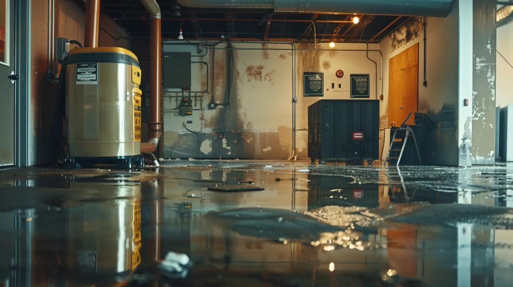 a high-tech restoration environment showcases advanced dehumidifiers and air movers in action, effectively drying water-damaged walls and floors, highlighting the precision and efficiency of moisture removal to prevent mold growth.