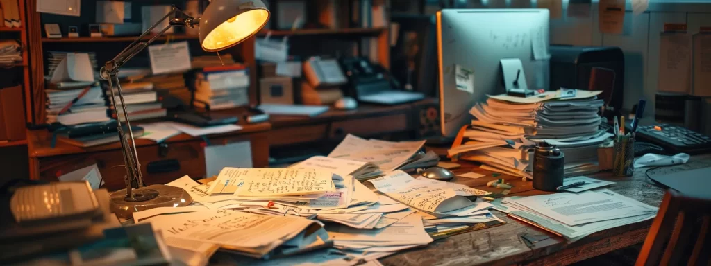 a meticulously organized office desk is filled with neatly arranged receipts and documents detailing water-damaged belongings, illuminated by bright, focused lighting to emphasize the importance of careful inventory preparation for an insurance claim.