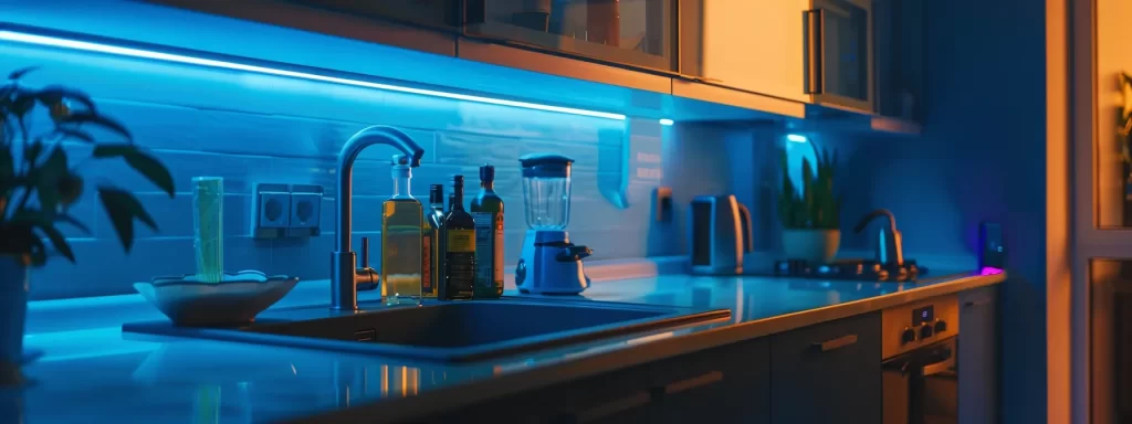 a modern kitchen equipped with sleek water leak detection sensors installed discreetly under cabinets, showcasing water-resistant materials and meticulous sealing around pristine countertops, all illuminated by focused overhead lighting to emphasize safety and innovation.