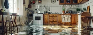 Flooded kitchen with water covering the floor, featuring wooden cabinets, a stove, and a dining table, representing water damage restoration services.