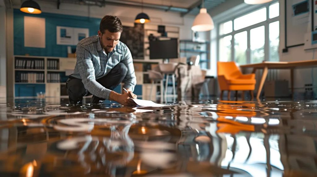 a modern, sleek office environment showcases an expert technician examining a high-tech moisture detection device amid intricate water damage restoration equipment, highlighting the serious and methodical approach to property recovery.