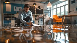 Man assessing water damage in a flooded office environment, highlighting the importance of professional restoration services for effective recovery.