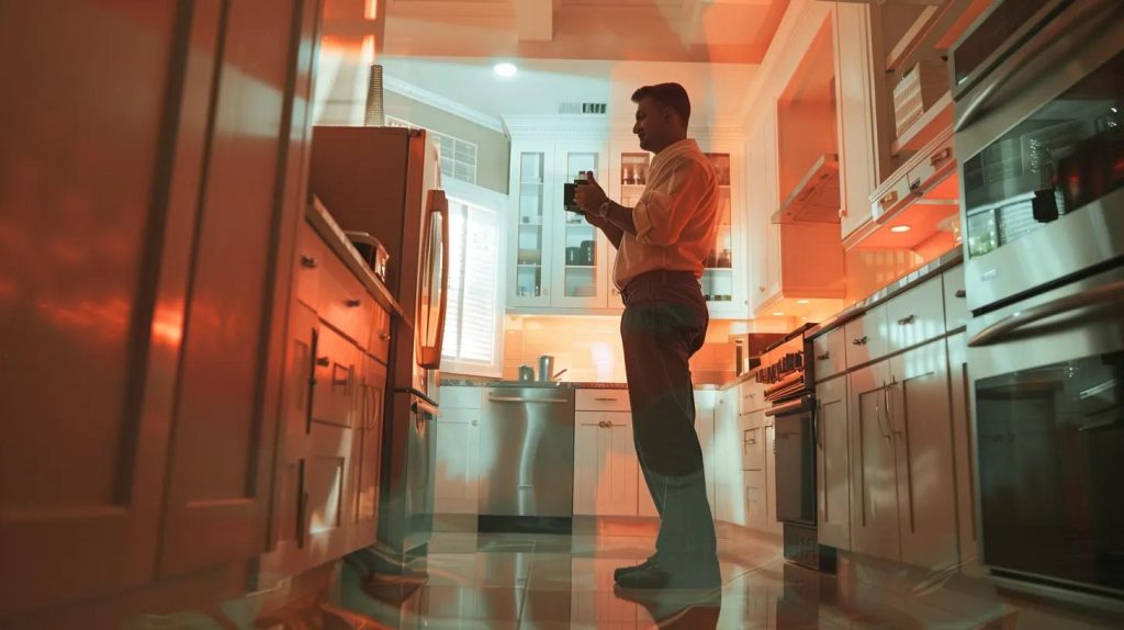a professional technician stands in a well-lit, modern kitchen, skillfully using an infrared camera to detect hidden water leaks, while water stains are visibly marked on the walls, emphasizing the urgency of immediate leak detection and containment.
