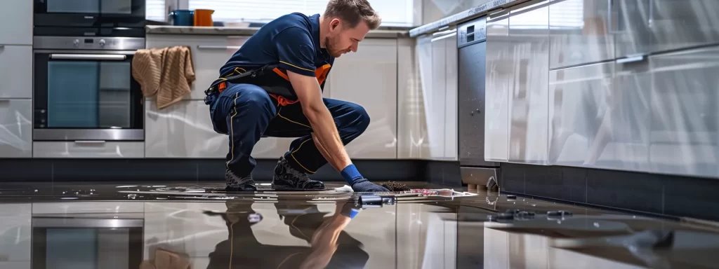 a professional water damage restoration technician is carefully inspecting a kitchen cabinet with visible water stains and moisture, set against a backdrop of modern kitchen appliances and fluorescent lighting, emphasizing the urgency of addressing water damage and mold growth.