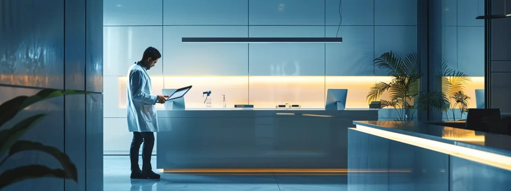a sleek, modern office with a tablet displaying a water damage claim process alongside a professional reviewing documents, illuminated by focused task lighting that emphasizes the seriousness of the situation.