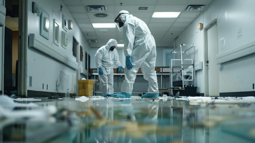 a sterile, modern indoor environment showcases professional mold remediation in action, with technicians in protective gear meticulously removing contaminated drywall under controlled negative air pressure, emphasizing safety and precision.