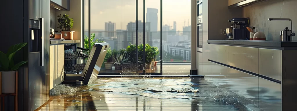 a visually striking scene depicts a modern kitchen with water-damaged cabinets, showcasing leaking pipes and a malfunctioning dishwasher, emphasizing the urgency for restoration and highlighting the consequences of water intrusion in a sleek urban setting.