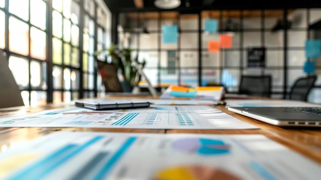 a well-organized office space showcases a detailed remediation plan on a sleek conference table, with visual aids like charts and diagrams emphasizing the strategic steps for disaster recovery and property maintenance.