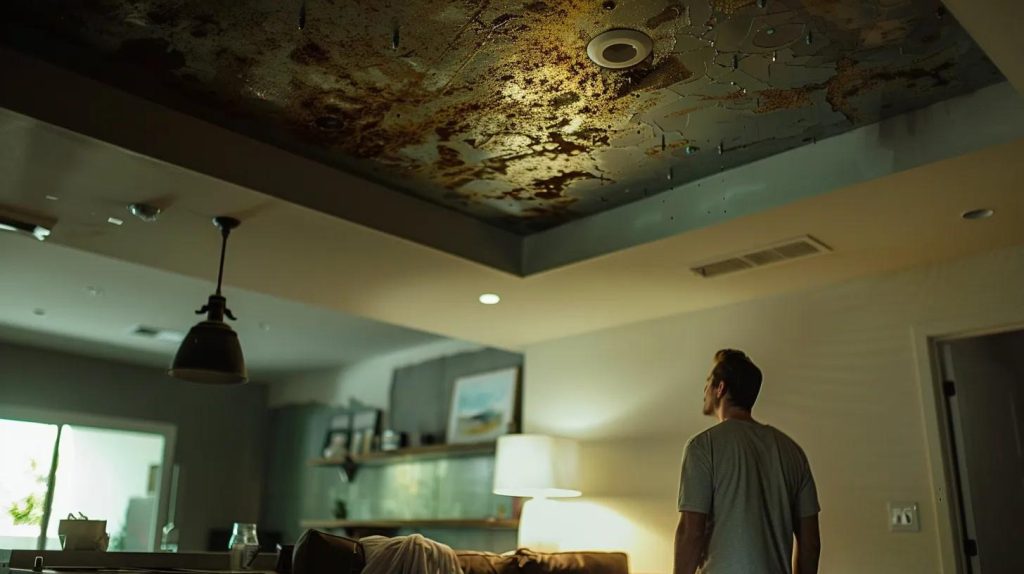 a close-up view of a modern san diego home interior showing water stains on the ceiling and wall, with a distressed homeowner examining the damage under soft, artificial lighting for dramatic effect.