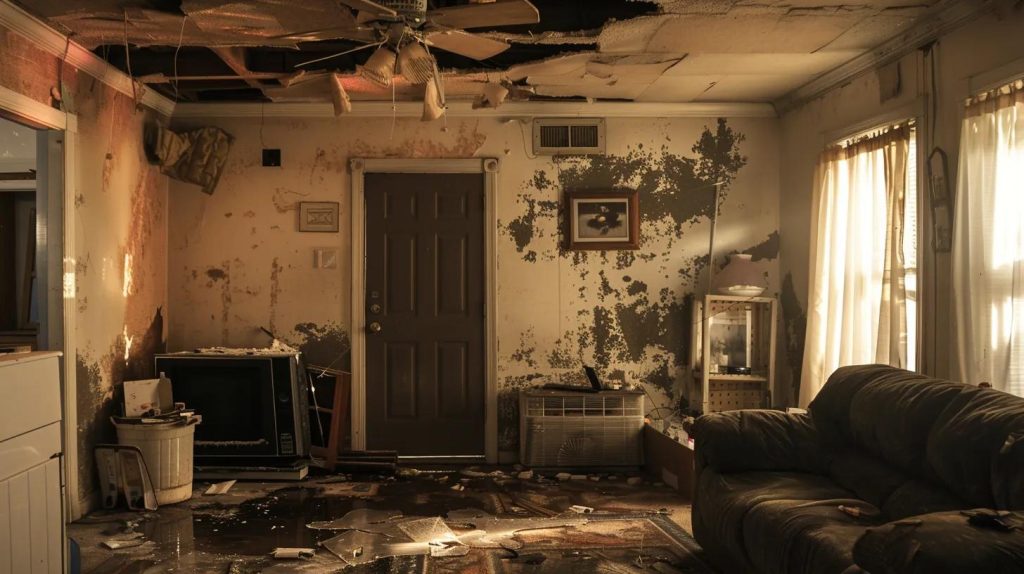 a dimly lit interior of a home reveals water-stained walls and a sagging ceiling, emphasizing the urgent need for awareness of hidden water damage signs.