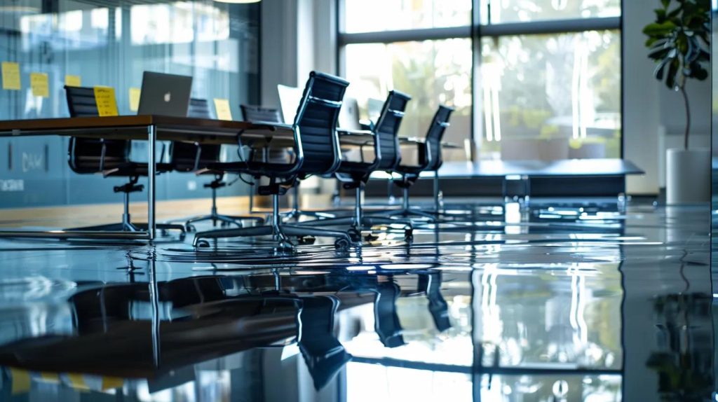 a meticulously organized urban office space showcases a highly detailed water damage restoration plan on a sleek conference table, with visual aids illustrating both diy methods and professional intervention strategies prominently displayed under bright, focused lighting.