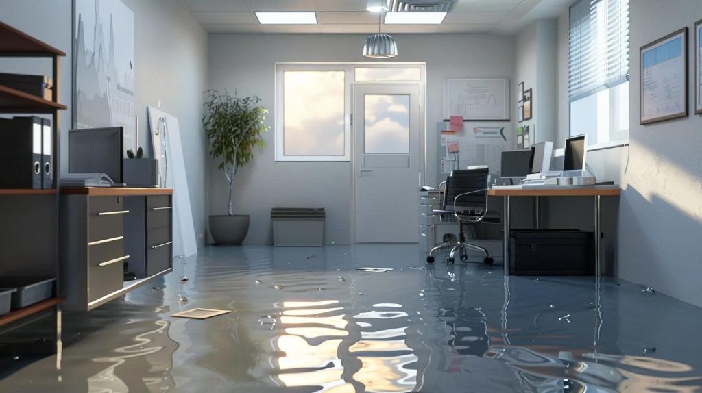 a modern home office with sleek design elements showcases a prominent waterproofing demonstration, featuring high-tech drainage solutions and a smart plumbing system, emphasizing proactive water damage prevention in an urban setting.
