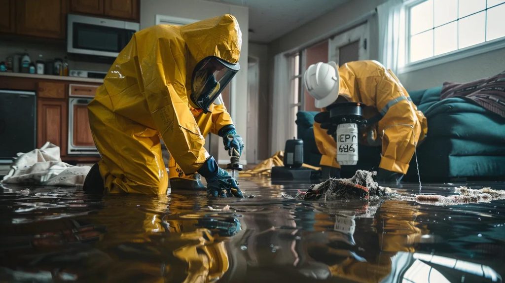 a professional restoration team, equipped with advanced tools and protective gear, meticulously inspects the damaged interior of a home, highlighting the urgency and expertise required for addressing severe water issues.