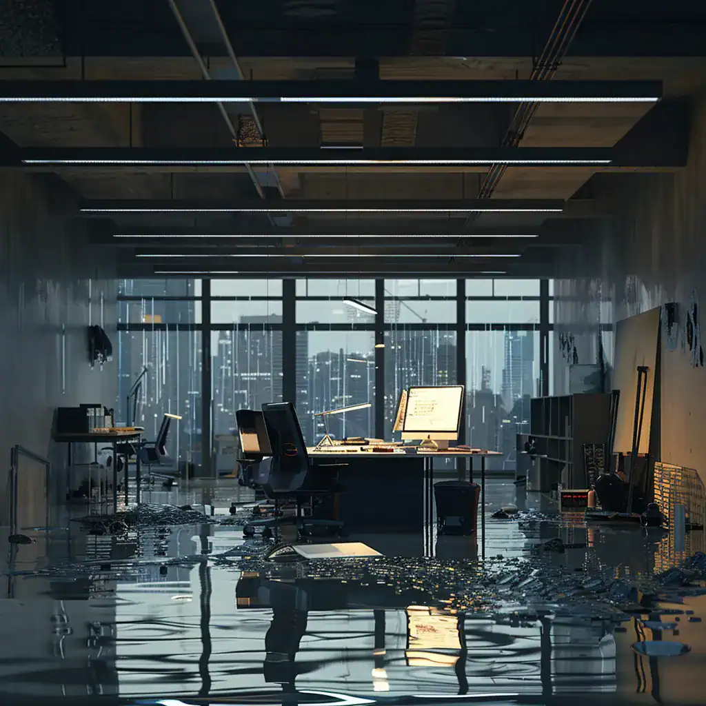 a sleek, modern office space features a professional assessing water damage on a desktop, with visible water stains and urgent repair tools, highlighted by dramatic overhead lighting creating a sense of immediate action and responsibility.