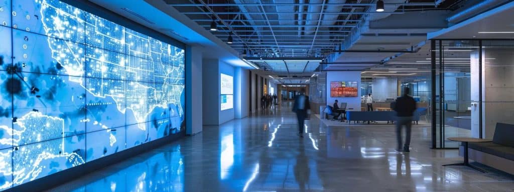 a sleek, modern office space bustling with activity, featuring a prominently displayed digital map on a large screen highlighting top-rated water restoration services in the area, illuminated by bright, artificial lights that enhance the urgency of recovery.
