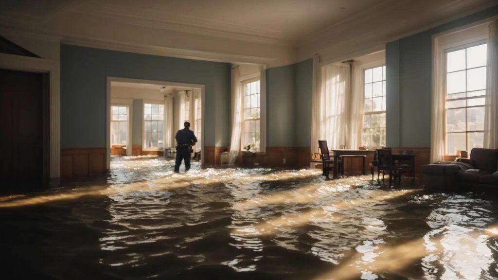 a dynamic scene of a professional water damage restoration team energetically assessing a flooded room in san diego, illuminated by the bright afternoon sun streaming through large windows, highlighting the contrasting textures of water and building materials.