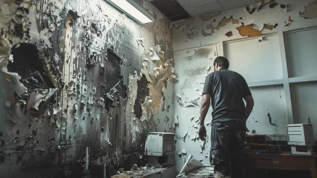 a detailed and stark office interior showcases a water-damaged wall with prominent dark stains and peeling paint, contrasted by a sleek restoration professional examining the area with advanced equipment, emphasizing the urgency of addressing hidden damage before it worsens.