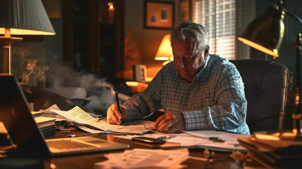 a focused office scene showcases a diligent homeowner sitting at a desk, surrounded by papers and photographs of fire damage, while actively writing notes and discussing the claim process over a phone, emphasizing the meticulous preparation needed for filing a fire insurance claim.