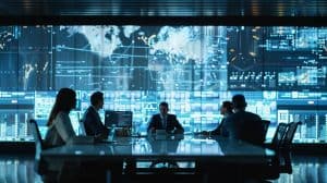 a focused open office space showcases a diverse team of professionals engaged in a discussion around a sleek table, with digital screens displaying fire insurance claim processes prominently in the background.