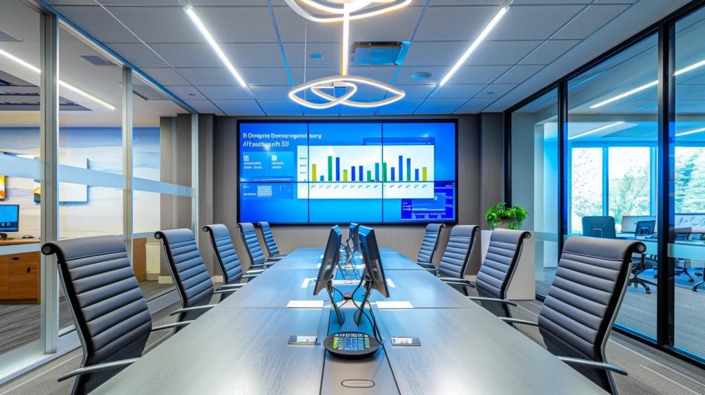 a modern office space in san diego features a sleek conference table surrounded by charts depicting costs of water damage restoration and insurance options, illuminated by bright fluorescent lighting, conveying a sense of authority and clarity in addressing financial planning for property owners.