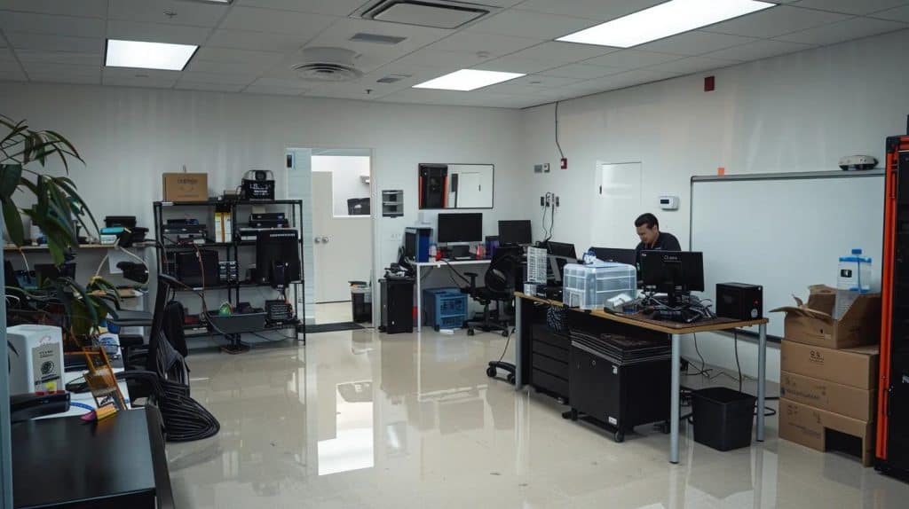 a modern, well-equipped water damage restoration office in san diego, showcasing advanced restoration equipment and technicians diligently assessing and addressing water-damaged surfaces, under bright, professional lighting that emphasizes the urgency and precision of the service.