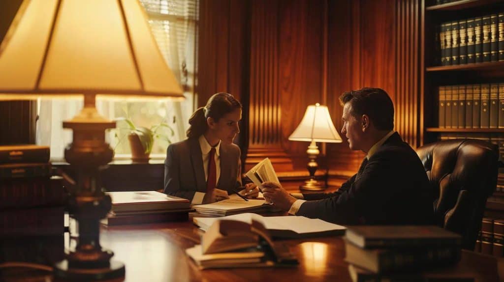 a professional attorney's office brimming with legal books and documents, highlighting a determined homeowner seated at a polished desk, consulting with a poised lawyer about disputing a fire insurance claim, illuminated by focused, warm lighting to emphasize the seriousness of the discussion.