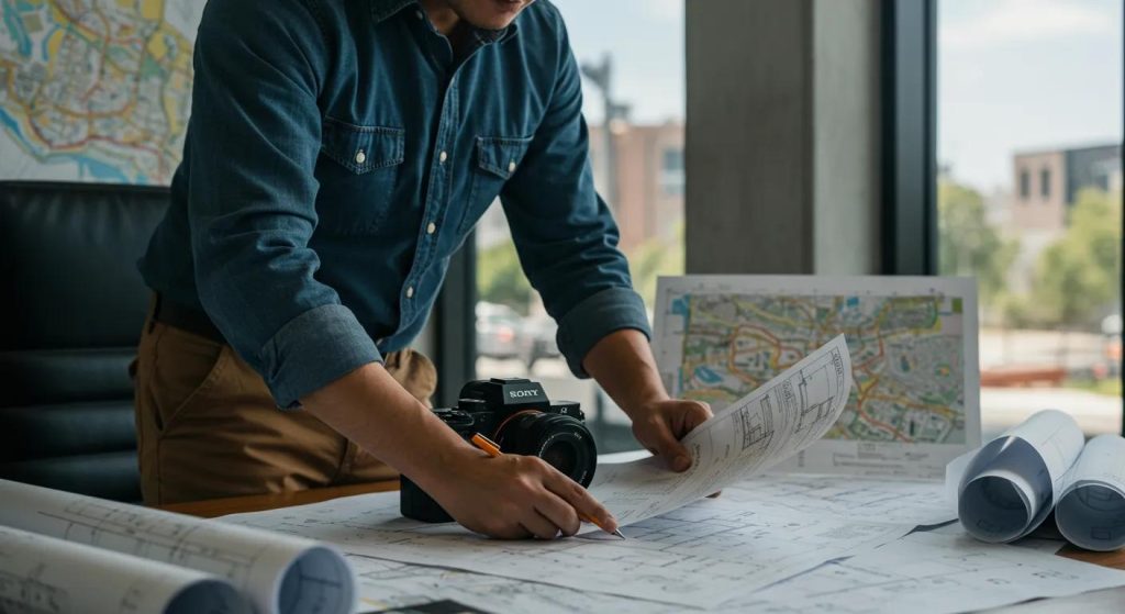 a professional contractor reviews fire repair plans in a modern san diego office, surrounded by blueprints and city maps, showcasing their expertise in local building styles and regulations.