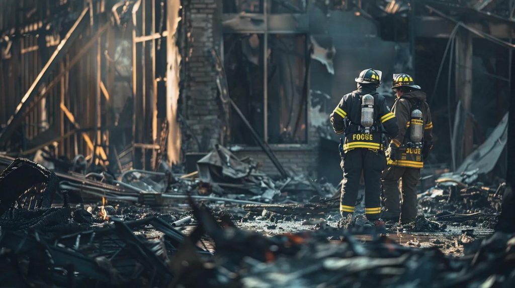 a focused scene depicting emergency responders in protective gear assessing fire damage in a partially charred urban building, with debris scattered around and clear evidence of restoration planning in progress.