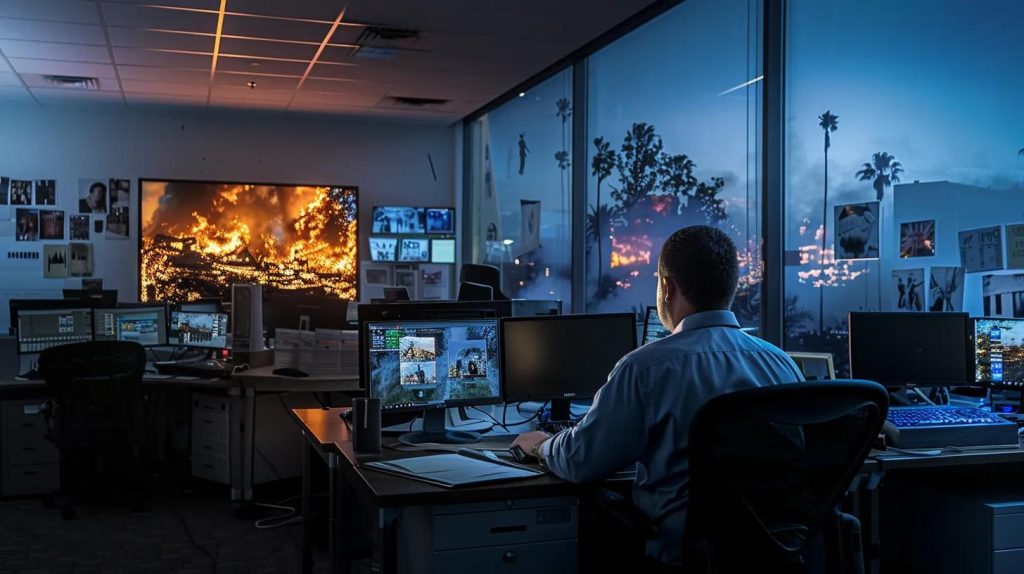 a stark, modern office equipped with advanced technology displays a fire damage assessment expert analyzing vivid images of a charred building, with focused expressions reflecting the urgency of crisis management in bustling san diego.