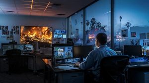a stark, modern office equipped with advanced technology displays a fire damage assessment expert analyzing vivid images of a charred building, with focused expressions reflecting the urgency of crisis management in bustling san diego.
