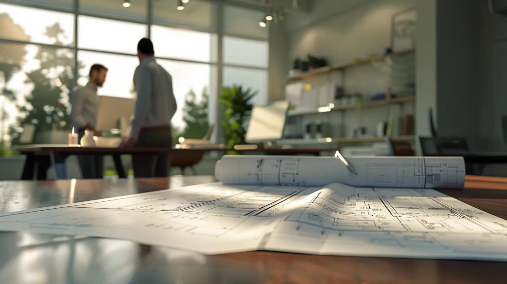 a focused interior shot of a modern office space showcasing professionals engaged in a strategic discussion about fire repair solutions, with blueprints and construction materials prominently displayed on a sleek conference table.