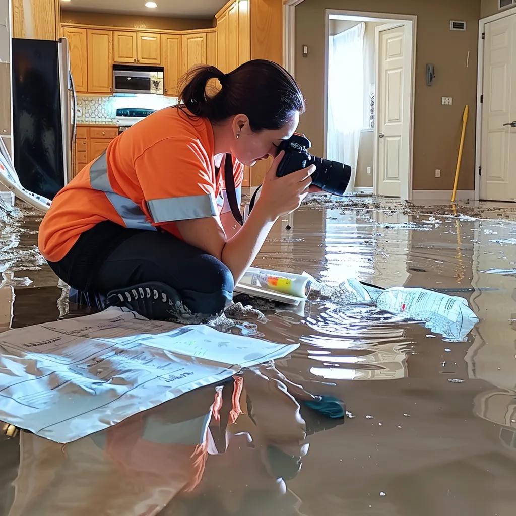 Homeowner documenting water damage for insurance claims with camera and notes