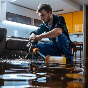 Technician using a water extraction tool in a flooded living room, emphasizing professional water damage restoration services in a residential setting.