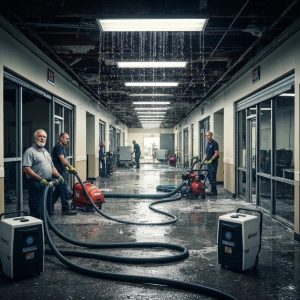 Technicians performing water damage restoration in a commercial space, using industrial equipment to remove water and restore the area after flooding.