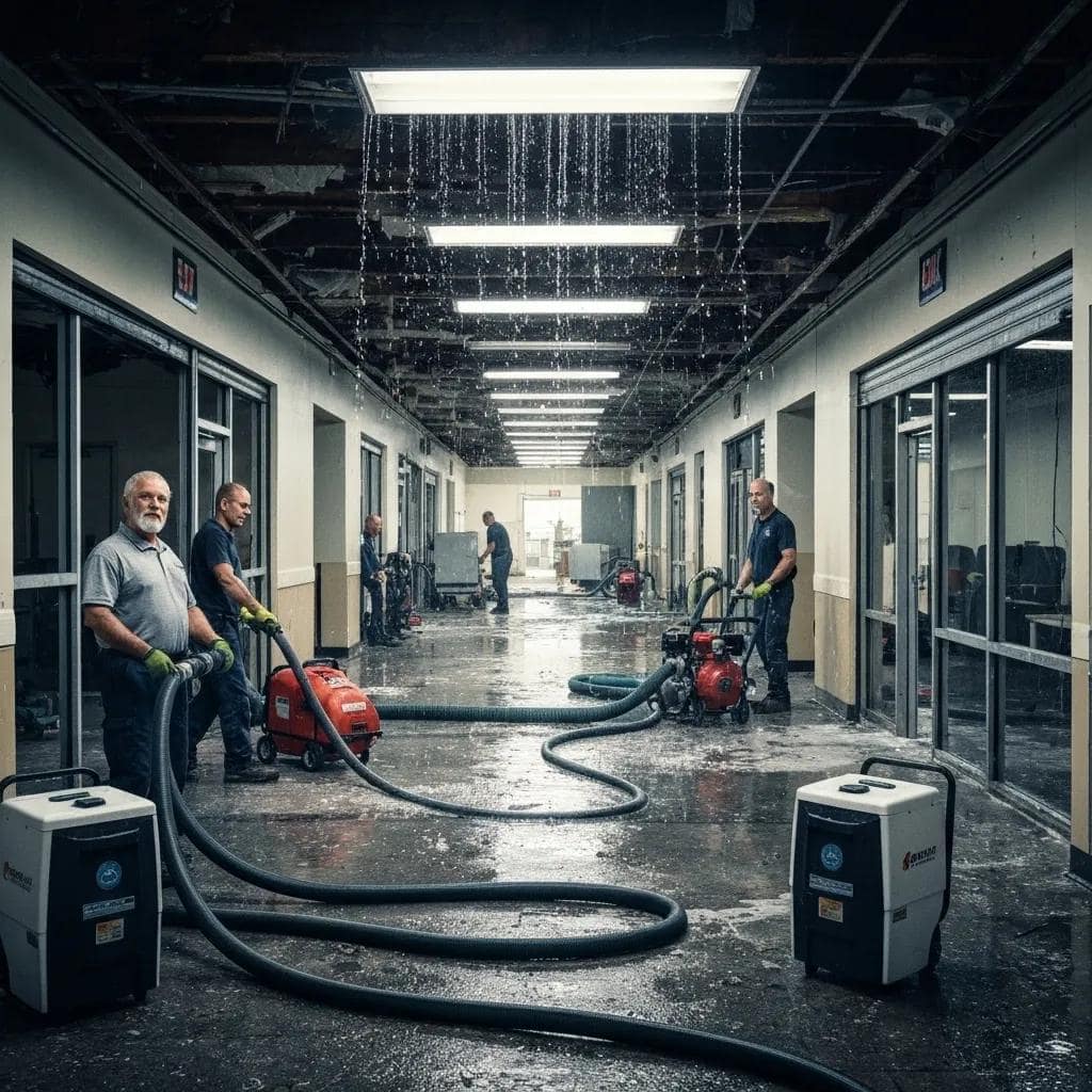 Commercial water damage restoration team using advanced equipment to address urgent water intrusion