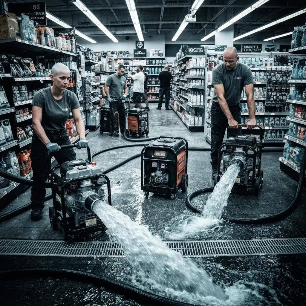 Technicians performing emergency water extraction in a commercial property