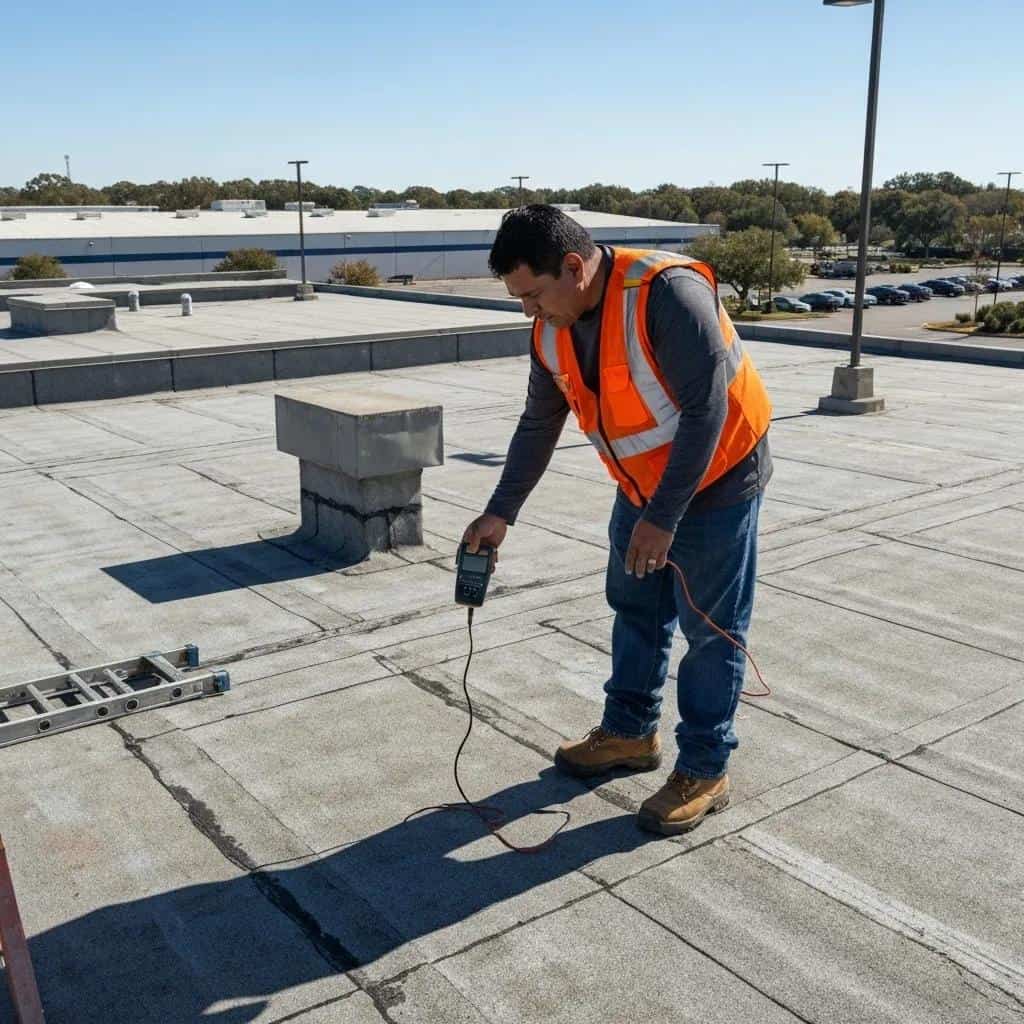 Technician inspecting a commercial roof for water damage prevention