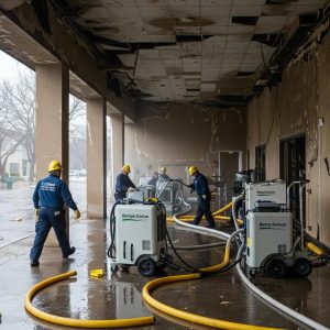 Commercial building undergoing water damage restoration with professionals using extraction equipment and hoses for flood cleanup.